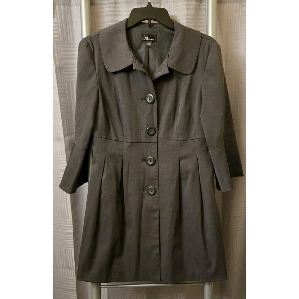 AB Studio Ladies Gray 3/4 Bell Sleeve Lined Rain Jacket Coat Size 4 Button up